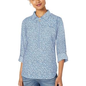 Tommy Hilfiger Blue Floral Blouse XL Cotton Extra Large Collar Half Zip Work